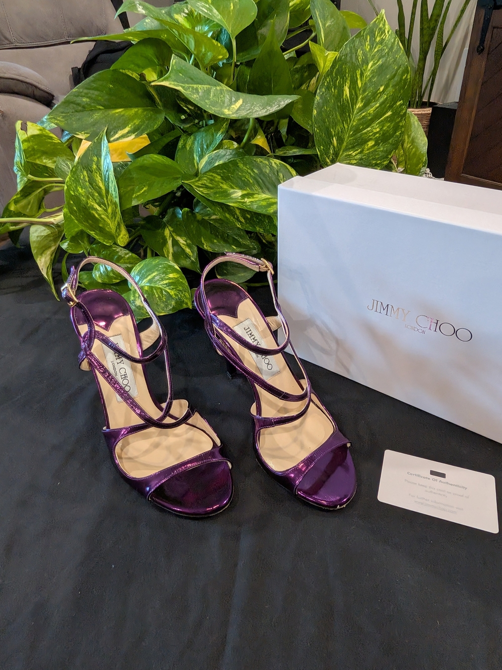 Jimmy Choo Azia 95 Metallic Cassis Purple Liquid Leather Strappy High Heels